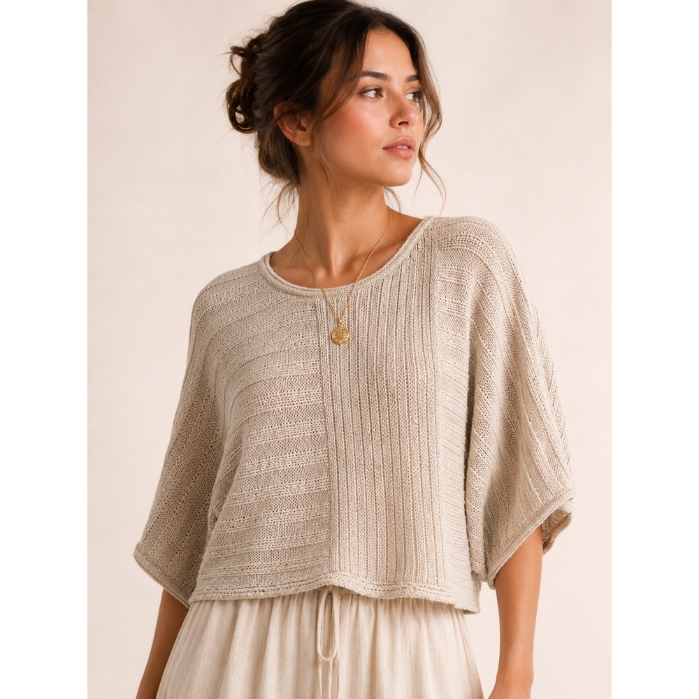Willi Smith Knit Sweater Womens Medium Beige Excellent Short Sleeve Mixed Stitch